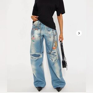 Little Charmer Printed Wide Leg Jeans - Light Wash